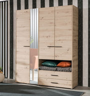 Grey Oak 4-door wardrobe with mirror, open shelf, and 2 drawers, modern bedroom storage cabinet by Lavish Kitchen Isle