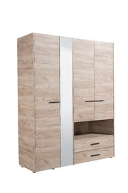 Grey Oak 4-door wardrobe with mirror, open shelf, and two drawers, modern bedroom storage cabinet by Lavish Kitchen Isle