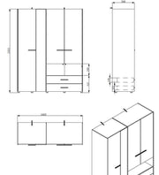 Grey oak-effect 4-door wardrobe with mirror, open shelf, and two drawers, modern bedroom storage cabinet by Lavish Kitchen Isle.