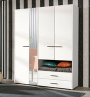 White Rylora 4-door wardrobe with open shelves, drawers, and hanging rails, modern storage solution by Lavish Kitchen Isle