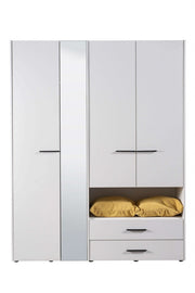 Lavish Kitchen Isle Rylora white 4-door wardrobe with open shelf, drawers, and hanging rails for modern storage.
