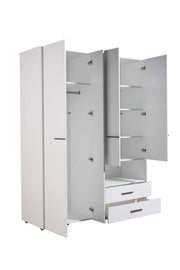 White Rylora 4-door wardrobe with open shelf, drawers, hanging rails, modern storage from Lavish Kitchen Isle