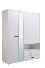 Lavish Kitchen Isle Rylora white 4-door wardrobe with open shelf, drawers, and hanging rails for modern bedroom storage.