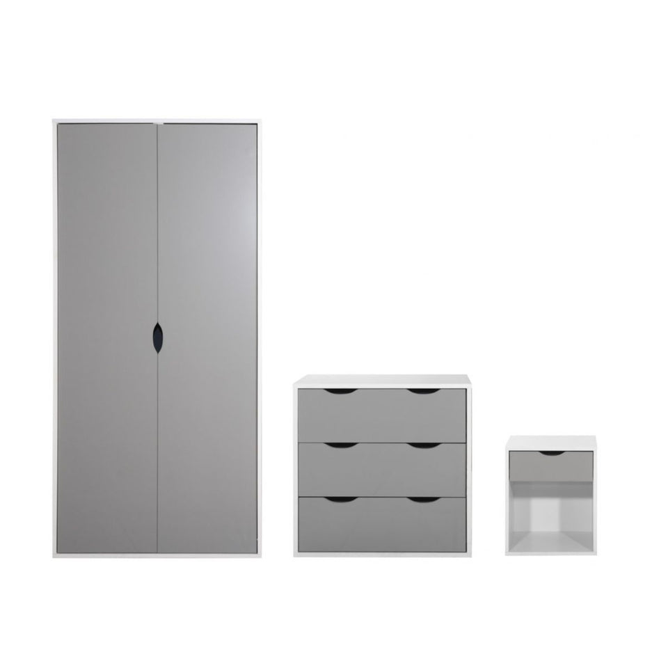 3 Piece Bedroom Furniture Set Wardrobe Bedside Cabinet Chest of Drawers 3- Grey and White