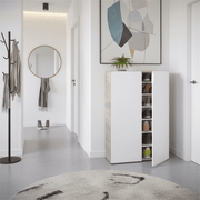 White and oak effect shoe rack cabinet by Lavish Kitchen Isle with 2 doors, designed for 30 pairs of shoes.