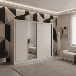 Alvira Cashmere taupe 251cm extra large mirrored sliding door wardrobe by Lavish Kitchen Isle, showcasing its sleek design and mirrored panels.