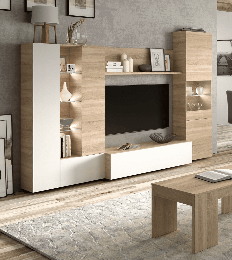 Modern White Gloss and Oak Wall Entertainment Unit with Storage and LED Lights