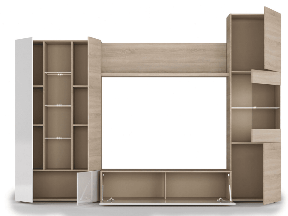 Modern White Gloss and Oak Wall Entertainment Unit with Storage and LED Lights