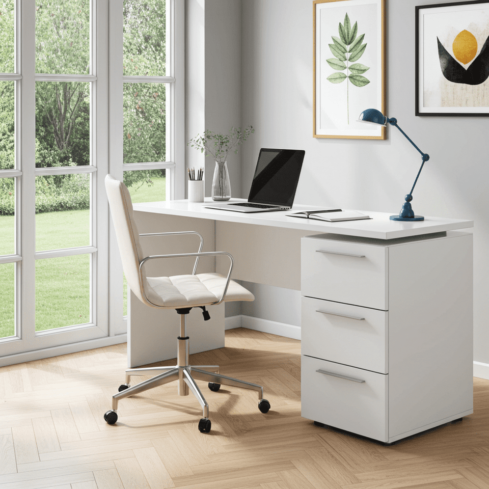 Lavish Kitchen Isle Lustre Arctic White home office desk with 3 drawers, modern study table for computer and workspace organization.