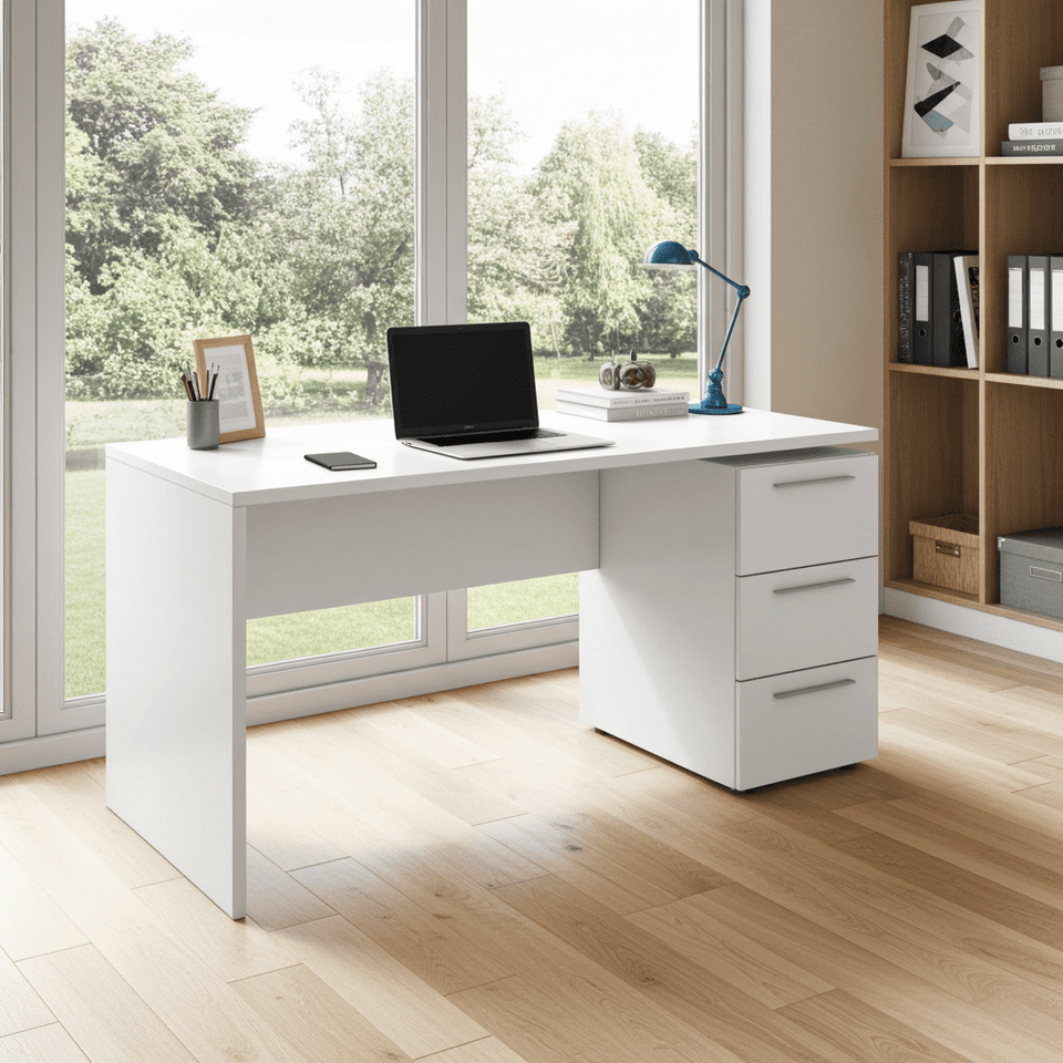 Lustre Arctic White Lavish Kitchen Isle office desk with 3 drawers, modern study table for computer and workspace organization