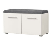 Lavish Kitchen Isle TBeny white gloss shoe bench with grey cushioned seat, two-door shoe storage for entryway or bedroom.
