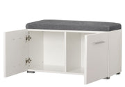 Lavish Kitchen Isle white gloss shoe bench with grey cushion seat, shoe organizer with 2 doors for entryway or bedroom storage