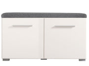 Lavish Kitchen Isle TBeny white gloss shoe bench with grey cushion seat, storage with 2 doors for entryway or bedroom.