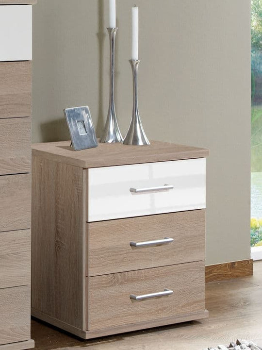 Torrin White Gloss and Oak Effect 3 Drawer Bedside Cabinet – Modern Bedroom Storage Unit