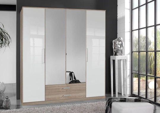 White Gloss and Oak Effect 4 Door Wardrobe Large Storage Unit with Hanging Rails, Shelves, and Cupboard Space