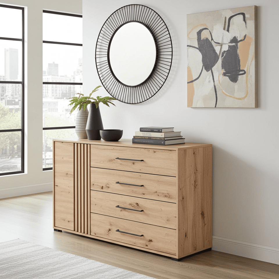 Oak effect and black sideboard cabinet with 4 drawers and cupboard, 138cm wide, by Lavish Kitchen Isle.