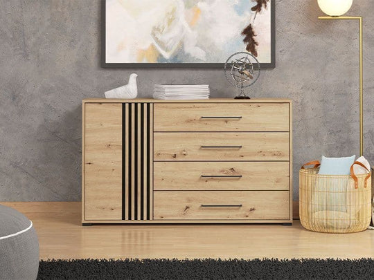 Oak Effect and Black 138cm Wide Sideboard Cabinet with 4 Drawers and Cupboard