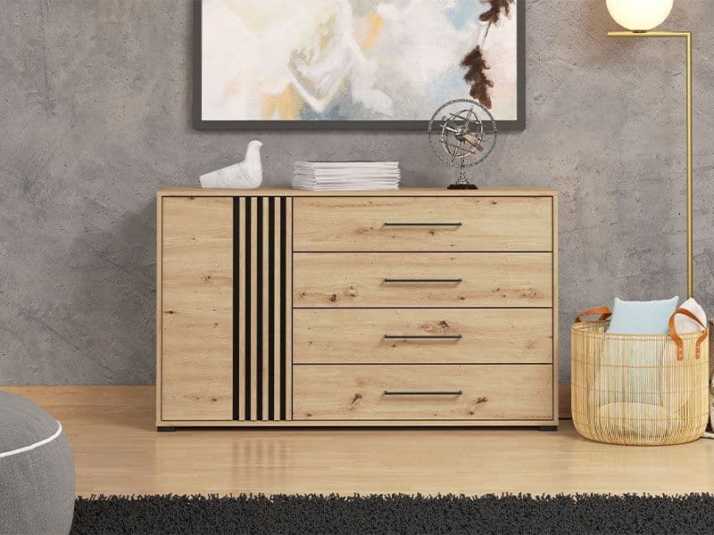 Oak Effect and Black 138cm Wide 4 Drawer Sideboard Cabinet With Storage for Living and Dining Room