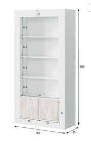 White and wood effect tall bookcase unit with 5 shelves, 2 doors, and open compartments by Lavish Kitchen Isle.