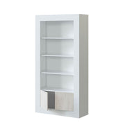 White and wood effect tall bookcase with 5 shelves, 2 doors, and open compartments, modern storage unit from Lavish Kitchen Isle.