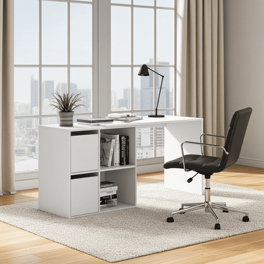 Drift White Reversible Desk – Home Office Table with Storage & Cupboards
