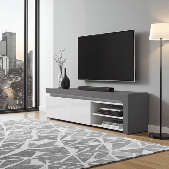 Grey and White Gloss 159cm Wide TV Stand Cabinet with Cupboards and Shelf