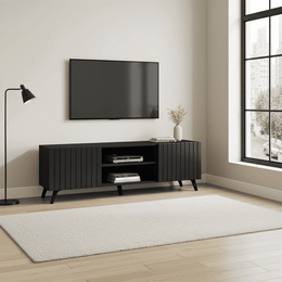 Matte black large TV unit with two doors and an open shelf, modern design from Lavish Kitchen Isle.
