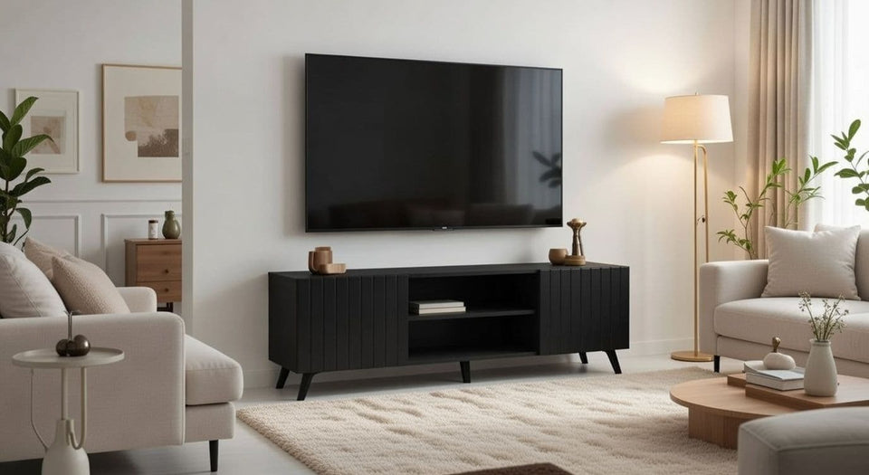 Matte black large TV unit with two doors and open shelf, modern design by Lavish Kitchen Isle.