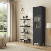 Matte black tall display cabinet with grooved vertical lines, elegant design by Lavish Kitchen Isle for stylish storage.