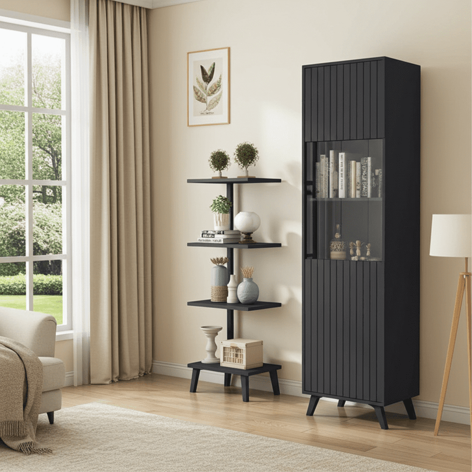 Matte black tall display cabinet with grooved vertical lines, elegant design by Lavish Kitchen Isle for stylish storage.