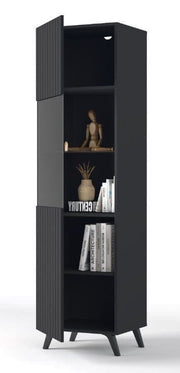 Matte white and black tall display cabinet with grooved vertical lines, elegant storage unit by Lavish Kitchen Isle