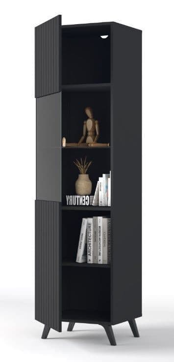 Matte white and black tall display cabinet with grooved vertical lines, elegant storage unit by Lavish Kitchen Isle