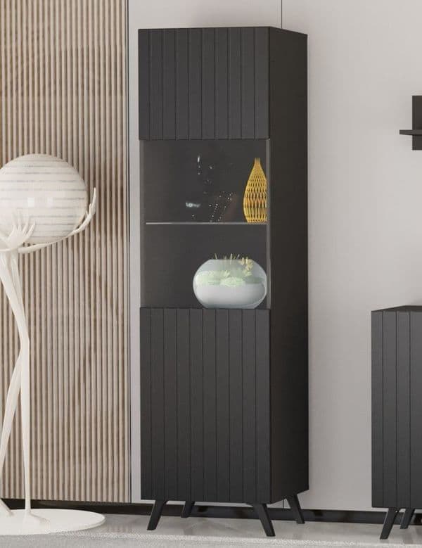 Matte black tall display cabinet with grooved vertical lines, elegant design by Lavish Kitchen Isle for stylish storage.