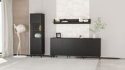 Lavish Kitchen Isle matte black and white wide 4-door sideboard with grooved vertical lines, modern and elegant storage furniture.