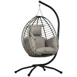 Lavish Kitchen Isle grey rattan hanging egg chair with cushion, stylish outdoor or indoor seating option in image b1.webp