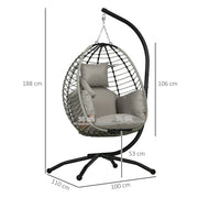 Grey rattan hanging egg chair with cushion, stylish indoor or outdoor lounge seat by Lavish Kitchen Isle.