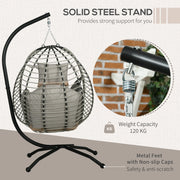 Single grey rattan hanging egg chair with cushion, ideal for indoor or outdoor lounging, by Lavish Kitchen Isle.