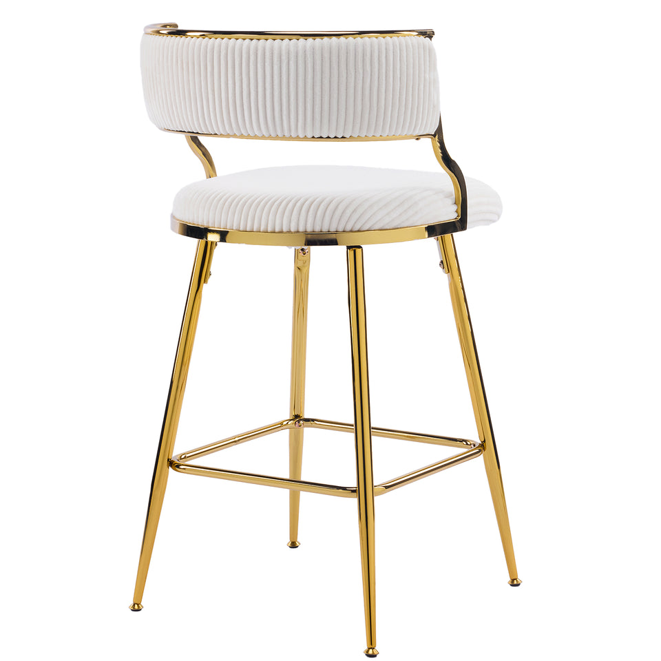 Set of 2 Velvet Bar Stools - Off-White Ribbed Counter Height Chairs with Gold Legs