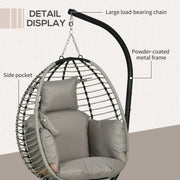 Lavish Kitchen Isle grey rattan hanging egg chair with cushion, suitable for indoor or outdoor relaxing seating.
