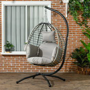 Grey single rattan hanging egg chair with cushion, stylish outdoor or indoor seating by Lavish Kitchen Isle.