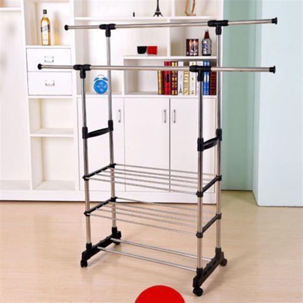 Dual Bars Horizontal & Vertical Telescope Style 3 Tiers Stainless Steel Clothing Garment Portable Wardrobe Shoe Rack B