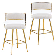 Set of 2 Velvet Bar Stools - Off-White Ribbed Counter Height Chairs with Gold Legs