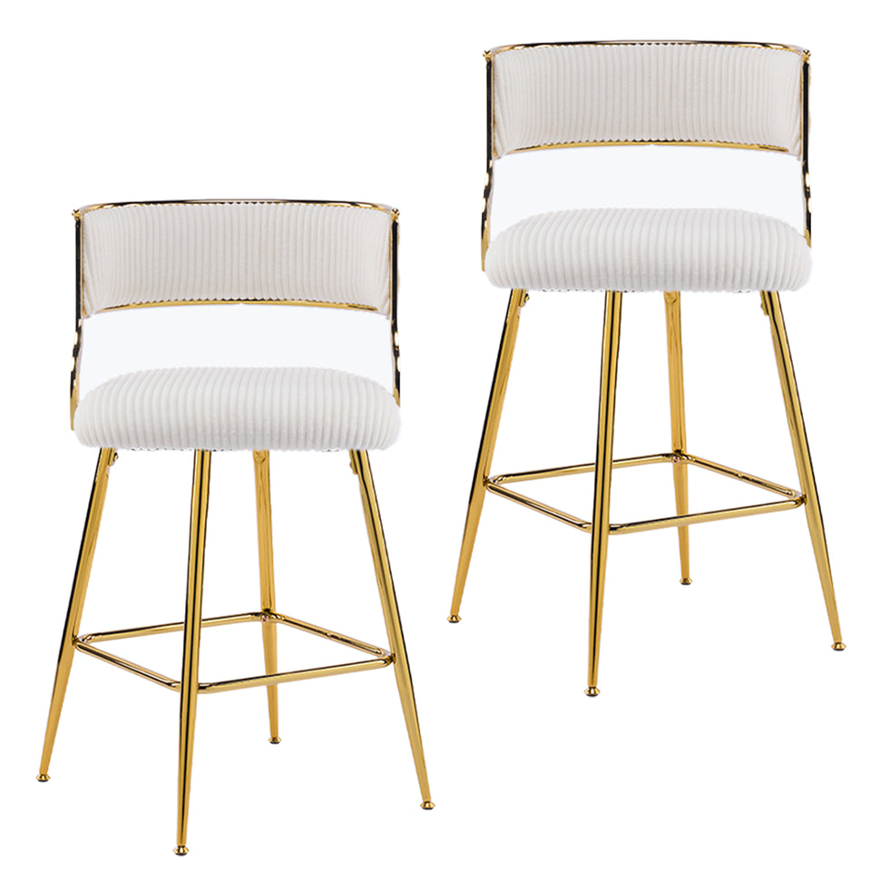 Set of 2 Velvet Bar Stools - Off-White Ribbed Counter Height Chairs with Gold Legs