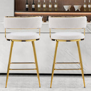 Set of 2 Velvet Bar Stools - Off-White Ribbed Counter Height Chairs with Gold Legs