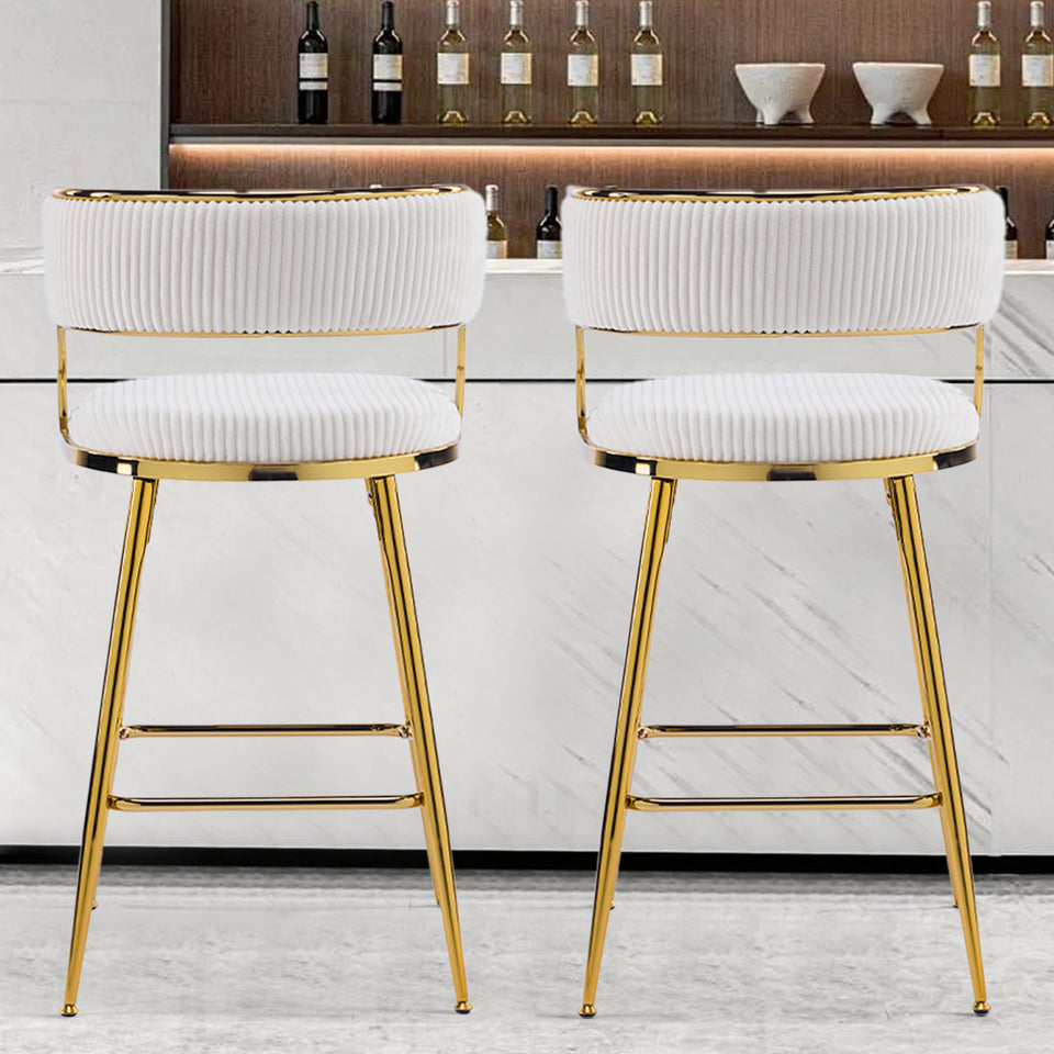 Set of 2 Velvet Bar Stools - Off-White Ribbed Counter Height Chairs with Gold Legs
