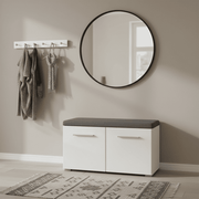 White gloss shoe bench with grey cushion seat, two-door shoe storage organizer for entryway or bedroom by Lavish Kitchen Isle.