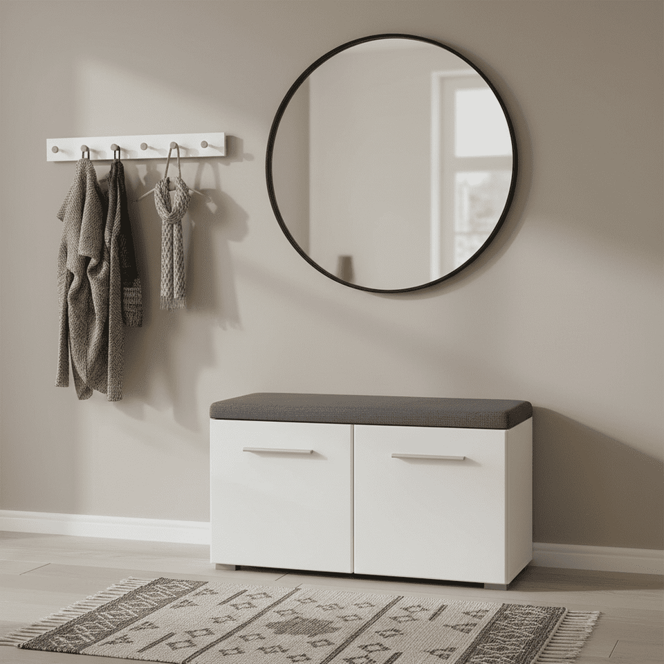 White gloss shoe bench with grey cushion seat, two-door shoe storage organizer for entryway or bedroom by Lavish Kitchen Isle.