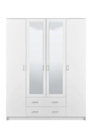White Niss 4-door wardrobe with mirrors, shelves, and hanging rails, modern bedroom storage by Lavish Kitchen Isle