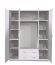 Lavish Kitchen Isle Niss White 4-door wardrobe with mirrors, shelves, and hanging rails for modern bedroom storage.