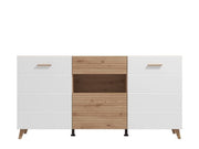 Lavish Kitchen Isle Flux slatted sideboard with oak effect and white gloss finish, 173cm wide, featuring drawers, doors, and shelf.